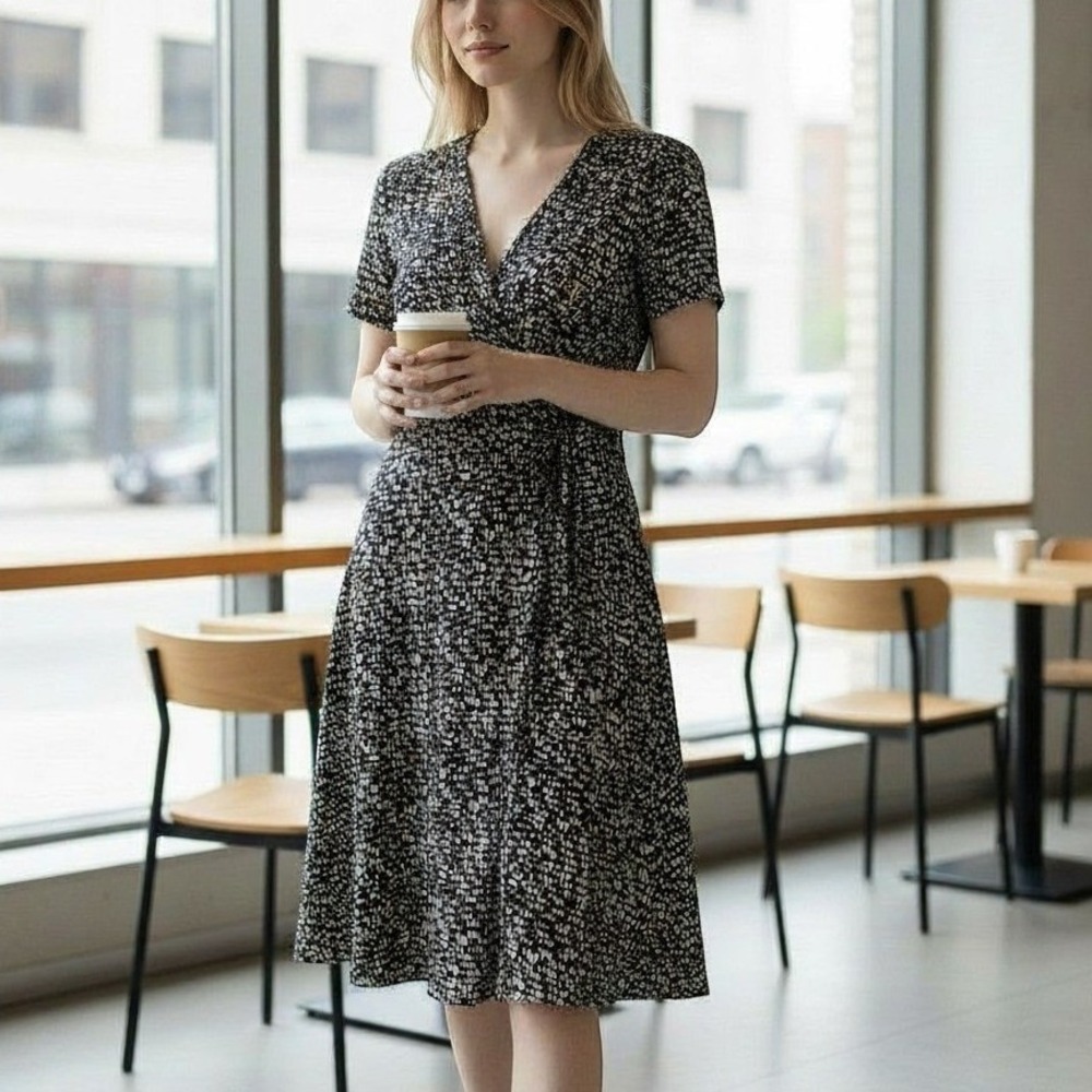 NEW CJ Banks Womens 20W Black Abstract Dot Faux Wrap Short Sleeve Midi Dress